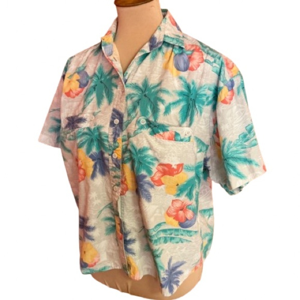 Liz Sport - Vintage - Tropical Floral Button-Up Shirt - Teal & Coral